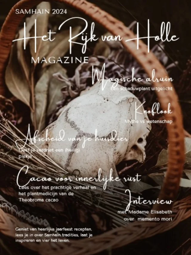 Het Rijk van Holle Magazine is er weer! In deze #samhain editie gedenken we onze voorouders en kaarten we ook de moeilijkere onderwerpen aan: afscheid nemen, sterven... Maar daar staat tegenover dat er steeds weer ruimte is voor een nieuw begin. De sterfelijkheid herinnert ons eraan ten volle te leven. Memento mori!

En dat is ook iets waar de immersympathieke handlezeres Madam Elisabeth over kan meespreken in een diepgaand interview. Alma de la Luna legt uit hoe je ritueel afscheid kan nemen van een overleden huisdier en Tina vertelt de verhalen van de Morrígan.

We gaan diep in de ritualiek en werken met donkere edelstenen zoals nuummiet en illustere planten zoals de Alruin. We gaan bovendien op zoek naar de waarde van knoflook anders dan het beschermen tegen vampieren. Wil je meer lezen over de achtergrond van Samhain, Allerheiligen en allerzielen? Dan ben je ook hier aan het juiste adres want bovenop wat inzage in de geschiedenis, delen we ook een wierrook recept. En over recepten gesproken... We verrassen je met pompoengerechten én geven je wat DIY´s mee om de winterblues op afstand te houden.

En uiteraard geniet je ook weer van mooie teksten, een prachtig schilderwerk van Gee en de bezielde kunst van Koesterkracht.

Een editie om niet te missen als je het mij vraagt...
Dit digitaal magazine kost slechts €4 (minder dan een fancy latte macchiato) en door je abonnement van €30 mis je er geen één en ben je zeker dat je niets mist.

Snel naar de shop!

Ps: er is nu ook plek in de agenda sectie voor jouw bezield hekserig en / of kruidige evenement. In deze featuren we @mirabellasbotanicals, @breathe.and.reveal, de Vlaamse Herboristenvereniging en @cathenkruid

#hetrijkvanholle #hetrijkvanhollemagazine #heksentrots #verbondenleven #natuur #MagischNatuurlijk

@divineonewithin @koesterkracht @gee.adriaansz @madamelisabeth.nl @wildheart_wildsoul_be @alma.de.la.luna @shannapettens @rogge.kim